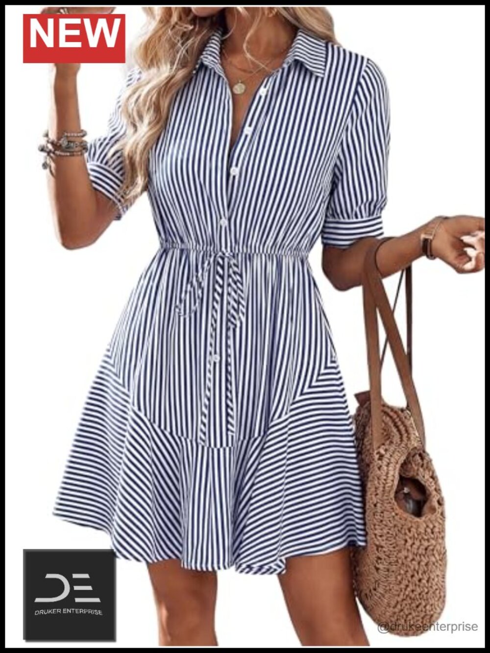 Womens Striped Mini Summer Dress Button Down Work Casual Fit Flare